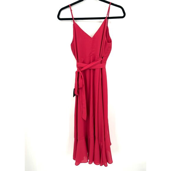 NWT LULUS Manhattan Moment Berry Pink High Low Ruffled Midi Wrap Dress Small - Picture 3 of 7